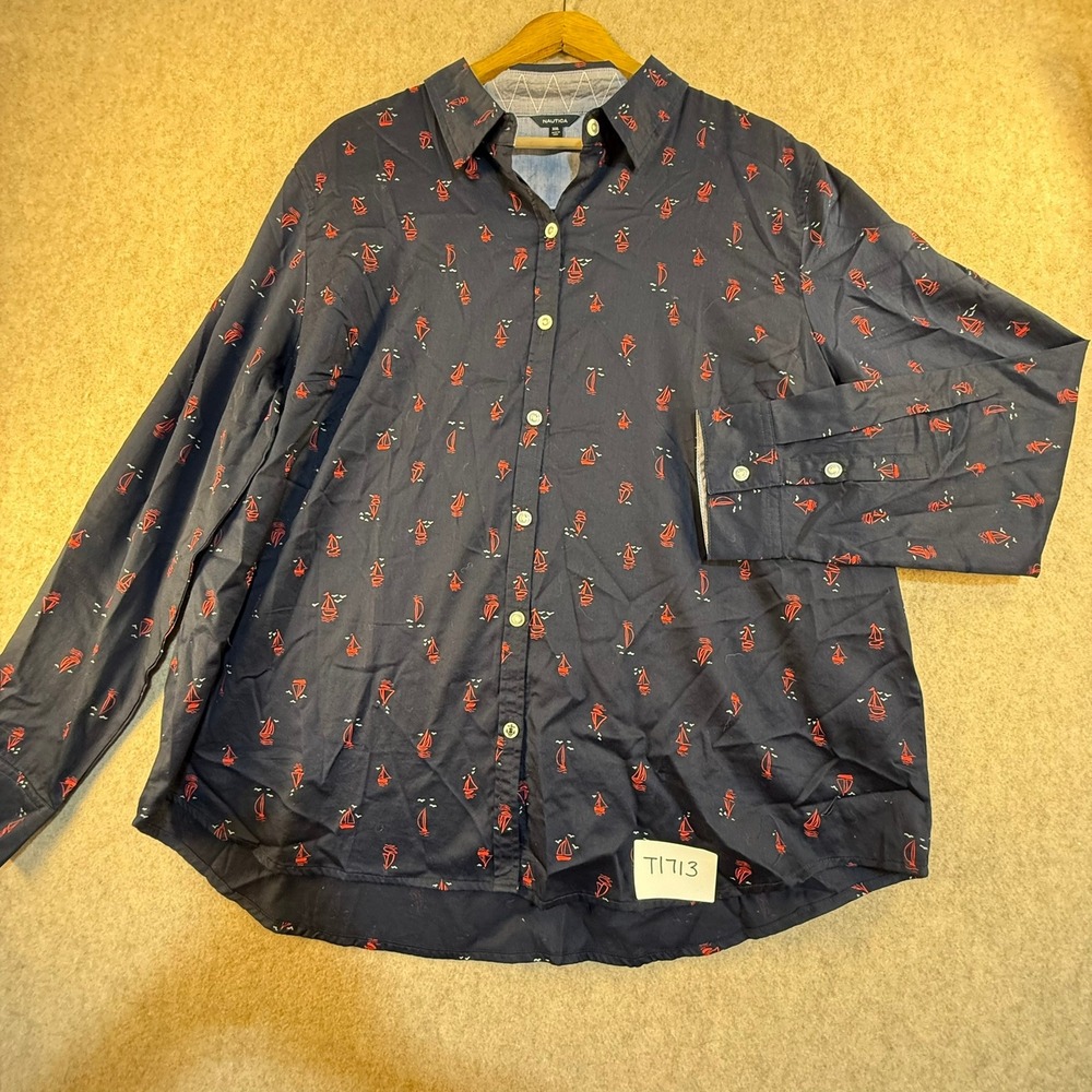Nautica Mens XXL Navy Blue‎ Red Sailboat Print Long Sleeve Button Down Shirt